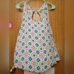 Women's Roxy Tank Top White with Teal and Navy Tile Print
